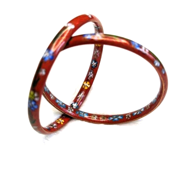 Vintage 70's Chinese Cloisonne Rusty Red Bangle Bracelets Qty 2 - Picture 8 of 10